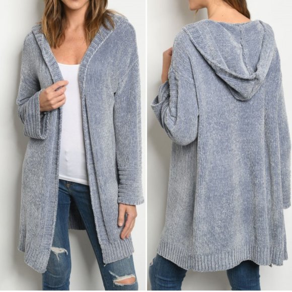 blue hooded cardigan